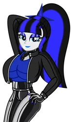 Size: 2093x3582 | Tagged: suggestive, alternate version, artist:severity-gray, derpibooru import, oc, oc:coldlight bluestar, unofficial characters only, human, equestria girls, belly button, big breasts, breasts, clothes, cutie mark, equestria girls-ified, female, humanized, jacket, latex, latex pants, latex suit, leather jacket, looking at you, makeup, nudity, pants, ponytail, rubber, rubber suit, shirt, simple background, smiling, solo, solo female, transparent background