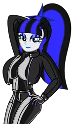 Size: 2093x3582 | Tagged: suggestive, alternate version, artist:severity-gray, derpibooru import, oc, oc:coldlight bluestar, unofficial characters only, human, equestria girls, belly button, big breasts, breasts, clothes, cutie mark, equestria girls-ified, female, humanized, jacket, latex, latex pants, latex suit, leather jacket, looking at you, makeup, nudity, pants, ponytail, rubber, rubber suit, simple background, smiling, solo, solo female, transparent background