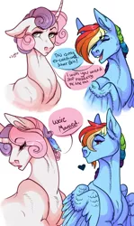 Size: 1108x1864 | Tagged: safe, artist:snowberry, derpibooru import, rainbow dash, sweetie belle, pegasus, pony, unicorn, annoyed, couple, embarrassed, eye clipping through hair, eyebrows visible through hair, eyelashes, feather in hair, female, gay, girly, lesbian, male, married couple, older, older sweetie belle, rainbow blitz, rainbow dork, rule 63, shipping, silver bell, silverblitz, simple background, sweetiedash, white background