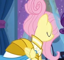Size: 1784x1687 | Tagged: safe, derpibooru import, screencap, fluttershy, rarity, pony, fake it 'til you make it, clothes, cropped, dress, eyes closed, female, mare, rarity for you, solo focus, warrior of inner strength, warriorshy