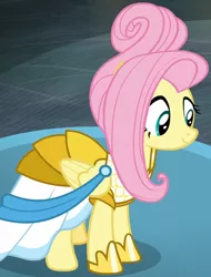 Size: 1240x1629 | Tagged: safe, derpibooru import, screencap, fluttershy, pony, fake it 'til you make it, clothes, cropped, dress, female, looking down, mare, rarity for you, solo, warrior of inner strength, warriorshy