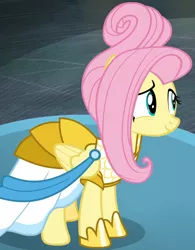 Size: 1270x1625 | Tagged: safe, derpibooru import, screencap, fluttershy, pony, fake it 'til you make it, clothes, cropped, dress, female, mare, rarity for you, solo, warrior of inner strength, warriorshy
