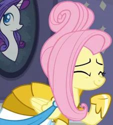 Size: 1526x1687 | Tagged: safe, derpibooru import, screencap, fluttershy, pony, fake it 'til you make it, clothes, cropped, dress, female, giggling, mare, rarity for you, solo, warrior of inner strength, warriorshy