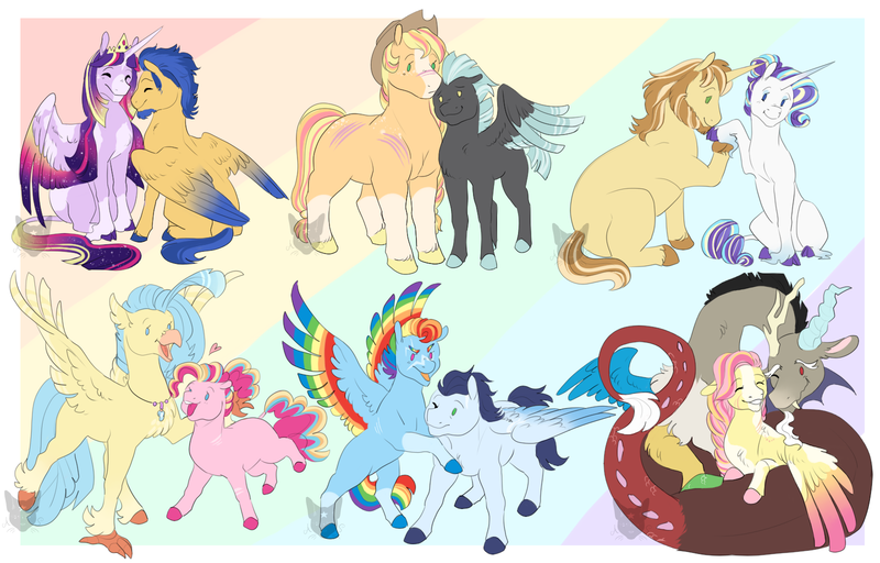 Size: 1600x1024 | Tagged: safe, artist:arexstar, derpibooru import, applejack, discord, donut joe, flash sentry, fluttershy, pinkie pie, princess skystar, rainbow dash, rarity, soarin', thunderlane, twilight sparkle, twilight sparkle (alicorn), alicorn, classical hippogriff, hippogriff, pegasus, pony, unicorn, my little pony: the movie, abstract background, alternate design, alternate hairstyle, big mare, colored wings, discoshy, female, flashlight, image, lesbian, male, markings, multicolored wings, png, rarijoe, scar, shipping, skypie, soarindash, straight, thunderjack, twitterina design, two toned wings, wings