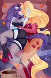 Size: 2544x3850 | Tagged: suggestive, alternate version, artist:xjenn9, derpibooru import, applejack, rarity, anthro, earth pony, plantigrade anthro, unicorn, bed, blushing, boots, breasts, busty applejack, busty rarity, butt, cleavage fluff, clothes, evening gloves, eyes closed, female, females only, fishnets, gloves, high heels, holding hands, image, kissing, leotard, lesbian, long gloves, love, panties, png, rarijack, rearity, sexy, shipping, shoes, shorts, socks, thigh highs, underwear