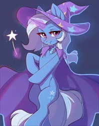 Size: 1578x2000 | Tagged: safe, artist:fensu-san, derpibooru import, edit, editor:ziemniax, trixie, pony, unicorn, bedroom eyes, blushing, cape, cloak, clothes, explicit source, female, glowing horn, hat, horn, looking at you, magic, magic wand, mare, sfw edit, simple background, solo, trixie's cape, trixie's hat