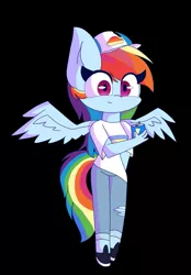 Size: 833x1200 | Tagged: safe, artist:novalightsentryyt, derpibooru import, rainbow dash, anthro, pegasus, unguligrade anthro, black background, chibi, clothes, pants, shirt, simple background, solo