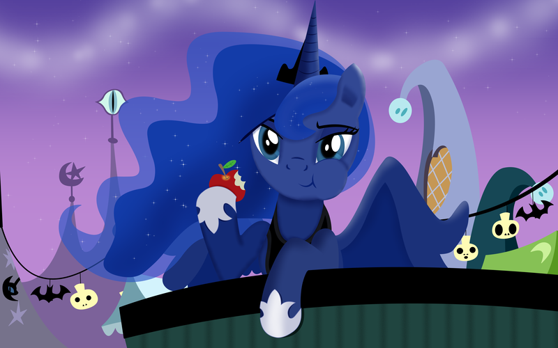 Size: 4000x2500 | Tagged: safe, artist:alhorse, derpibooru import, princess luna, alicorn, pony, luna eclipsed, :t, absurd resolution, apple, cheek bulge, eating, food, herbivore, nightmare night, scene interpretation, solo