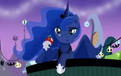 Size: 4000x2500 | Tagged: safe, artist:alhorse, derpibooru import, princess luna, alicorn, pony, luna eclipsed, :t, absurd resolution, apple, cheek bulge, eating, food, herbivore, nightmare night, scene interpretation, solo