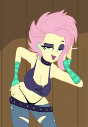 Size: 626x900 | Tagged: suggestive, artist:fishsandwich, derpibooru import, fluttershy, equestria girls, equestria girls series, the road less scheduled, the road less scheduled: fluttershy, spoiler:eqg series (season 2), bedroom eyes, belly button, belt, big breasts, breasts, busty fluttershy, choker, cigarette, cleavage, clothes, downblouse, ear piercing, earring, eyeshadow, fingerless gloves, flutterpunk, gloves, jewelry, leggings, lipstick, long gloves, looking at you, makeup, midriff, open mouth, panties, piercing, smiling, smoking, thong, top, torn clothes, underwear