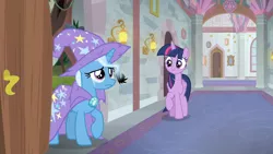 Size: 1920x1080 | Tagged: safe, derpibooru import, screencap, trixie, twilight sparkle, twilight sparkle (alicorn), alicorn, pony, unicorn, a horse shoe-in, burnt mane, cape, clothes, crying, duo, female, hallway, hat, mare, raised hoof, sad, school of friendship, scorched, surprised, tree, trixie's cape, trixie's hat