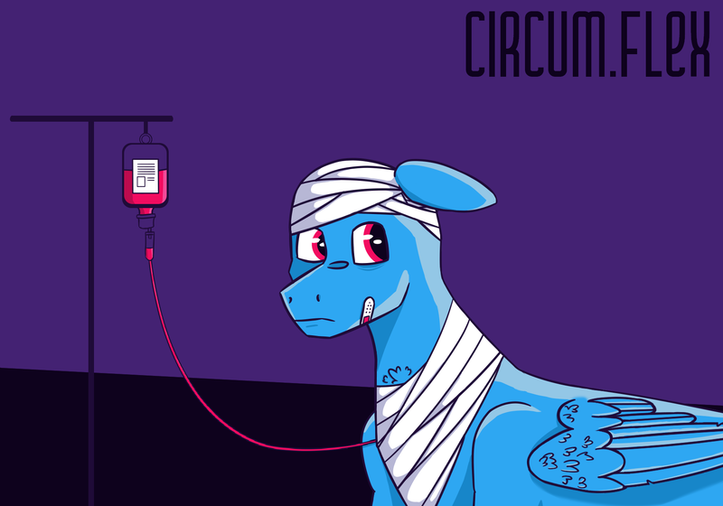 Size: 1800x1260 | Tagged: safe, artist:circumflexs, derpibooru import, oc, unofficial characters only, pegasus, pony, bald, bandage, bandaid, bands, ear down, floppy ears, folded wings, iv drip, male, offscreen character, simple background, solo, stallion, weak, wings