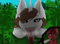 Size: 2902x2160 | Tagged: suggestive, artist:saiokisaragi, derpibooru import, oc, oc:flower star, oc:starhammer, pegasus, pony, unicorn, adventure, blushing, brown eyes, brown mane, female, forest, freckles, giant pony, imminent vore, light blue eyes, looking down at, macro, male, mare, maw, neverfree forest, red coat, smiling, smirk, stallion, sword, tree, vore, weapon, white coat