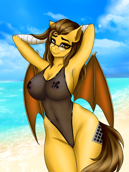 Size: 2625x3500 | Tagged: explicit, artist:ashimaroo, derpibooru import, oc, oc:hotkey, unofficial characters only, anthro, hybrid, areola, armpits, beach, belly button, breasts, clothes, commission, female, glasses, high-cut clothing, image, looking at you, nipple tape, nudity, ocean, one-piece swimsuit, pasties, png, see-through, solo, solo female, swimsuit, vulva, wings, ych result
