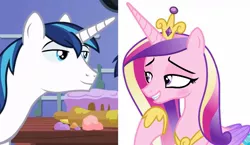 Size: 1325x768 | Tagged: safe, derpibooru import, edit, edited screencap, screencap, princess cadance, shining armor, alicorn, pony, unicorn, bedroom eyes, female, flirting, horn, husband and wife, looking at each other, male, mare, married couple, shiningcadance, shipping, stallion, straight, wings