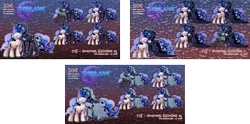 Size: 2495x1242 | Tagged: safe, artist:dormin-kanna, derpibooru import, princess luna, oc, alicorn, earth pony, pegasus, pony, unicorn, luna-afterdark, lunadoodle, commission, cute, kissing, lunabetes, ych comission, ych example, ych sketch, your character here