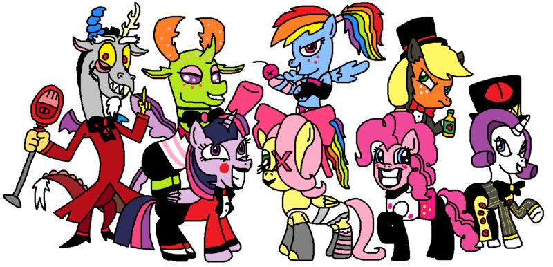 Size: 1465x706 | Tagged: safe, artist:logan jones, derpibooru import, applejack, discord, fluttershy, pinkie pie, rainbow dash, rarity, thorax, twilight sparkle, alicorn, changedling, changeling, alastor, angel dust, bomb, charlie magne, cherri bomb, cider, clothes, cosplay, costume, crossover, hazbin hotel, husk (hazbin hotel), king thorax, mane six, niffty, simple background, sir pentious, twilight sparkle (alicorn), vaggie, weapon, white background