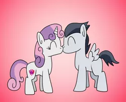 Size: 1280x1039 | Tagged: artist:platinumdrop, derpibooru import, female, gradient background, kissing, male, request, rumbelle, rumble, safe, shipping, simple background, straight, sweetie belle