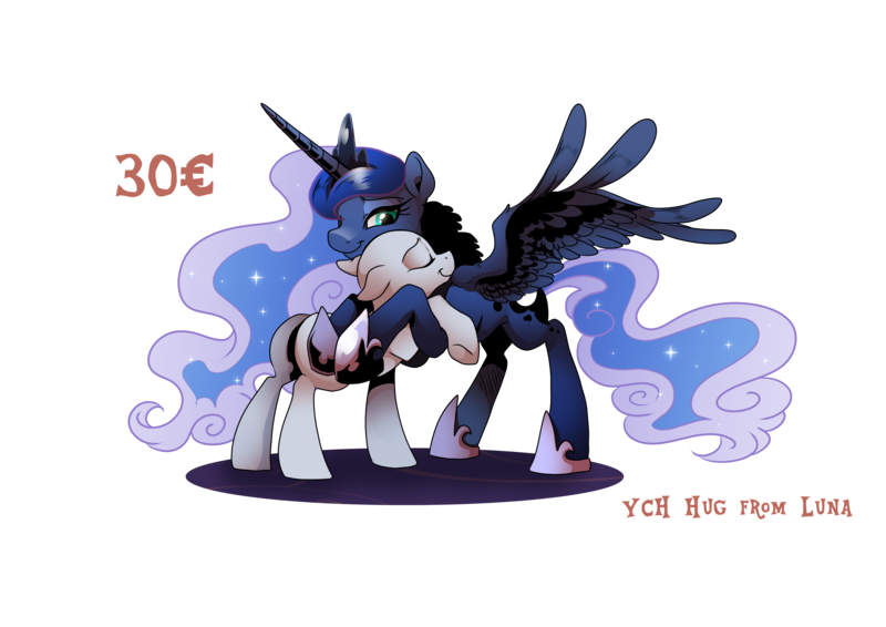 Size: 3507x2480 | Tagged: safe, derpibooru import, princess luna, oc, alicorn, earth pony, pegasus, pony, unicorn, luna-afterdark, lunadoodle, commission, cute, hug, lunabetes, simple background, transparent background, ych comission, ych example, ych sketch, your character here