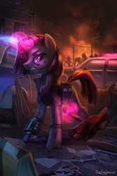 Size: 2000x3000 | Tagged: safe, artist:jedayskayvoker, derpibooru import, oc, oc:dry land, unofficial characters only, pony, unicorn, axe, blood, city, clothes, crossover, female, fire, glowing horn, high res, horn, levitation, magic, mare, outdoors, pipbuck, resident evil, resident evil 3, solo, telekinesis, vehicle, video game crossover, weapon