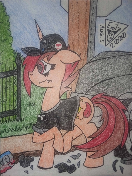 Size: 1024x1366 | Tagged: safe, artist:emilz-the-half-demon, derpibooru import, oc, oc:pyre quill, unicorn, car, car accident, clothes, debris, fence, telephone pole, uniform, vent art, worried