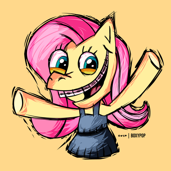 Size: 3600x3600 | Tagged: safe, artist:boxypop, derpibooru import, fluttershy, pegasus, pony, .mov, shed.mov, braces, clothes, dress, fluttershed, simple background, solo, yellow background