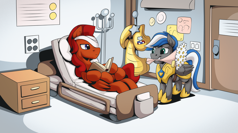 Size: 2560x1440 | Tagged: safe, artist:mysticalpha, derpibooru import, oc, oc:captain sunride, oc:cloud zapper, unofficial characters only, pegasus, pony, armor, bandage, bed, flower, hospital, hospital bed, male, pegasus oc, royal guard, royal guard armor, stallion, wings