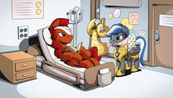 Size: 2560x1440 | Tagged: safe, artist:mysticalpha, derpibooru import, oc, oc:captain sunride, oc:cloud zapper, unofficial characters only, pegasus, pony, armor, bandage, bed, flower, hospital, hospital bed, male, pegasus oc, royal guard, royal guard armor, stallion, wings