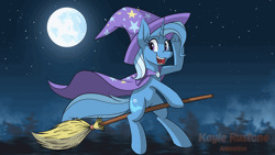 Size: 1920x1080 | Tagged: safe, artist:kaylerustone, derpibooru import, trixie, pony, unicorn, animated, broom, cape, clothes, cute, diatrixes, female, flying, flying broomstick, forest, frame by frame, frog (hoof), gif, hat, horn, looking at you, mare, moon, night, open mouth, parallax scrolling, smiling at you, stars, tree, trixie's cape, trixie's hat, underhoof