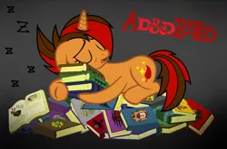 Size: 1022x674 | Tagged: safe, artist:emilz-the-half-demon, derpibooru import, oc, oc:pyre quill, unofficial characters only, pony, unicorn, book, dungeons and dragons, eyes closed, female, mare, onomatopoeia, pen and paper rpg, pile of books, rpg, sleeping, solo, sound effects, tired, z, zzz