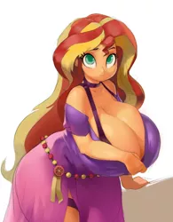 Size: 1434x1838 | Tagged: suggestive, artist:bluedrg19, derpibooru import, sunset shimmer, equestria girls, adorasexy, big breasts, breast overpour, breasts, busty sunset shimmer, choker, chubby, chubby shimmer, cleavage, clothes, curvy, cute, dress, female, huge breasts, hyper, hyper breasts, impossibly large breasts, looking at you, sexy, simple background, smiling, solo, solo female, white background, wide hips