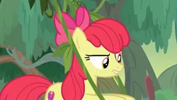 Size: 1280x720 | Tagged: safe, derpibooru import, screencap, apple bloom, earth pony, pony, growing up is hard to do, apple bloom is not amused, bow, female, older, older apple bloom, solo, stuck, unamused, vine