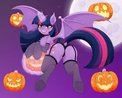 Size: 3000x2400 | Tagged: suggestive, alternate version, artist:morestar, derpibooru import, twilight sparkle, twilight sparkle (alicorn), alicorn, bat pony, bat pony alicorn, ahegao, bat ponified, bat wings, bedroom eyes, chest fluff, choker, chokertwi, clothes, dock, ear piercing, female, garters, glowing horn, grin, halloween, holiday, horn, jack-o-lantern, levitation, looking at you, looking back, looking back at you, magic, open mouth, panties, piercing, pumpkin, race swap, shoulder fluff, smiling, socks, solo, solo female, stockings, telekinesis, thigh highs, tongue out, twibat, underhoof, underwear, wings