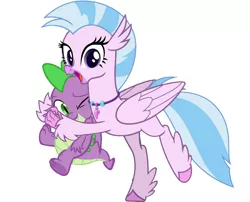 Size: 1125x911 | Tagged: safe, derpibooru import, silverstream, spike, dragon, hippogriff, female, hug, looking at you, male, shipping, simple background, spikestream, straight, vector, white background, winged spike