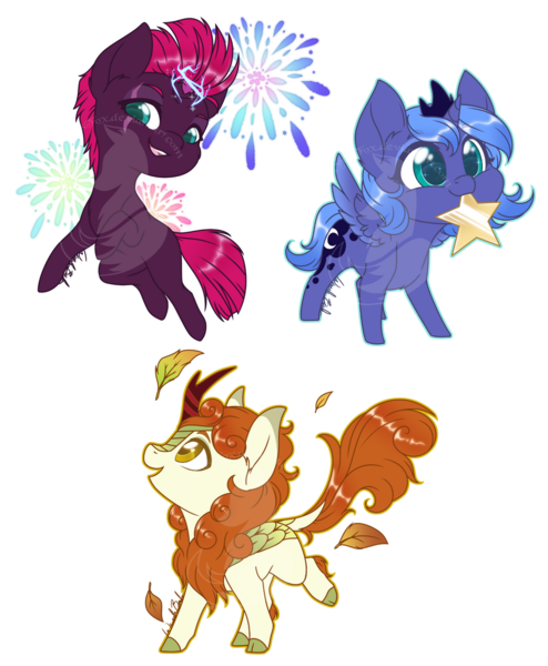 Size: 1024x1244 | Tagged: safe, artist:fuyusfox, derpibooru import, autumn blaze, princess luna, tempest shadow, alicorn, kirin, pony, unicorn, broken horn, chibi, colored pupils, cracked horn, cute, ear fluff, electricity magic, female, filly, filly luna, filly tempest shadow, fireworks, horn, leaf, mare, mouth hold, open mouth, profile, simple background, stars, transparent background, trio, watermark, woona, younger