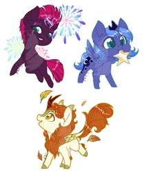 Size: 1024x1244 | Tagged: safe, artist:fuyusfox, derpibooru import, autumn blaze, princess luna, tempest shadow, alicorn, kirin, pony, unicorn, broken horn, chibi, colored pupils, cracked horn, cute, ear fluff, electricity magic, female, filly, filly luna, filly tempest shadow, fireworks, horn, leaf, mare, mouth hold, open mouth, profile, simple background, stars, transparent background, trio, watermark, woona, younger