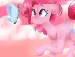 Size: 1600x1200 | Tagged: safe, artist:peachiebug, artist:peachieswrld, derpibooru import, pinkie pie, butterfly, earth pony, insect, pony, balloon, cloud, colored hooves, cute, diapinkes, female, floating, floppy ears, looking at something, mare, sky, smiling, solo, then watch her balloons lift her up to the sky