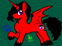 Size: 2048x1536 | Tagged: safe, artist:artmama113, derpibooru import, oc, oc:sketchbook, unofficial characters only, alicorn, bat pony, bat pony alicorn, pony, alicorn oc, bat pony oc, bat wings, green background, horn, male, raised hoof, red and black oc, rule 63, signature, simple background, solo, stallion, unshorn fetlocks, wings
