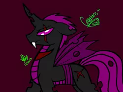 Size: 2048x1536 | Tagged: safe, artist:artmama113, derpibooru import, changeling queen oc, oc, oc:creature, unofficial characters only, changeling, changeling queen, branding, eye scar, fangs, female, purple background, purple changeling, scar, signature, simple background, solo