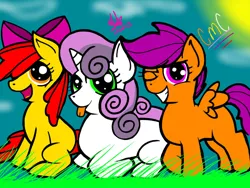 Size: 2048x1536 | Tagged: safe, artist:artmama113, derpibooru import, apple bloom, scootaloo, sweetie belle, earth pony, pegasus, pony, unicorn, :p, adorabloom, bow, cute, cutealoo, cutie mark crusaders, diasweetes, female, grin, hair bow, hair over one eye, mare, one eye closed, outdoors, ponyloaf, signature, smiling, sun, tongue out, trio, trio female, wink