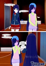 Size: 2897x4096 | Tagged: safe, artist:legions20, derpibooru import, rarity, twilight sparkle, comic:closet adventures, equestria girls, alternate hairstyle, clothes, comic, cute, disguise, eyepatch, eyepatch (disguise), gymnasium, happy, plainity, school uniform