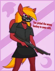 Size: 1644x2146 | Tagged: suggestive, artist:moonatik, derpibooru import, oc, oc:moonatik, unofficial characters only, anthro, pegasus, pony, :3, abstract background, button shirt, choker, clothes, dialogue, eyeshadow, face mask, femboy, glasses, gun, looking at you, makeup, male, mask, pegasus oc, shirt, shotgun, skirt, solo, stallion, threat, threatening, tights, uwu, weapon, wings