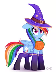 Size: 1151x1475 | Tagged: safe, artist:omi, derpibooru import, rainbow dash, pegasus, pony, clothes, costume, cute, dashabetes, female, floppy ears, halloween, halloween costume, hat, holiday, mare, mouth hold, pumpkin bucket, simple background, smiling, socks, solo, trick or treat, white background, witch costume, witch hat