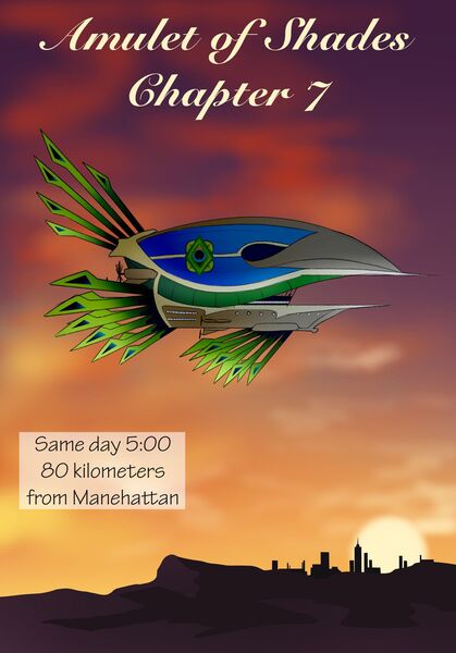 Size: 1600x2291 | Tagged: safe, artist:tillie-tmb, derpibooru import, comic:the amulet of shades, airship, chapter image, city, cloud, comic, cover art, nobility, silhouette, skyline, sunrise, text