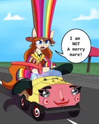 Size: 2388x3000 | Tagged: safe, artist:lockheart, derpibooru import, oc, oc:nordpone, unofficial characters only, earth pony, pony, angry, balloon swords, car, clothes, cloud, commission, dialogue, driving, female, hat, hoof hold, mare, open mouth, road, sidewalk, sitting, sky, solo, speech bubble, steering wheel, top hat