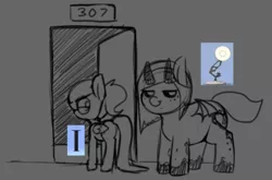 Size: 1038x685 | Tagged: safe, artist:lockheart, derpibooru import, oc, oc:rainier, oc:snusnu, unofficial characters only, pegasus, pony, succubus, succubus pony, black sclera, door, doorway, duo, female, horns, i, innuendo, lamp, lidded eyes, looking at you, luxo jr., male, mare, pixar, smiling, stallion, wings