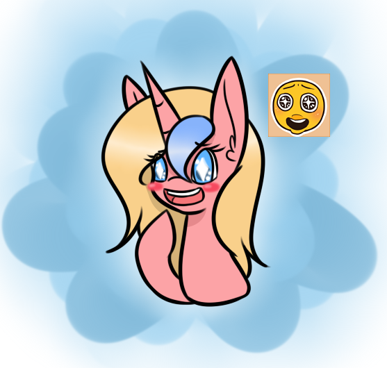 Size: 557x530 | Tagged: safe, artist:kaggy009, derpibooru import, oc, oc:blue ribbon, unofficial characters only, pony, unicorn, ask peppermint pattie, blushing, bust, emoji, female, mare, open mouth, smiling, solo, starry eyes, wingding eyes