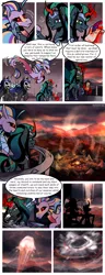 Size: 1500x3900 | Tagged: safe, artist:nancy-05, author:bigonionbean, derpibooru import, oc, oc:empress sacer malum, oc:melicus ostium, changeling, changeling queen, hybrid, pony, siren, unicorn, comic:fusing the fusions, comic:time of the fusions, absorption, balcony, barrier, black sclera, camp, campfire, comforting, comic, commissioner:bigonionbean, confused, curved horn, dark magic, female, fusion, fusion:empress sacer malum, fusion:melicus ostium, guard, headache, horn, jewelry, magic, not an alicorn, possessed, possession, quill pen, regalia, scroll, sombra eyes, storm, tartarus, unknown pony, weather