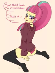 Size: 2045x2741 | Tagged: suggestive, artist:notenoughapples, derpibooru import, sour sweet, equestria girls, blushing, boyfriend's clothing, breasts, butt, clothes, dialogue, female, freckles, hoodie, leggings, looking back, panties, pink underwear, ponytail, simple background, socks, solo, sour seat, sourdere, stupid sexy sour sweet, thigh highs, tsundere, underwear