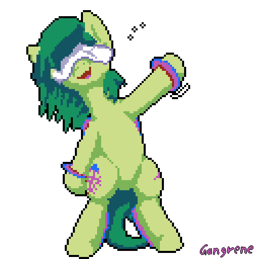 Size: 512x512 | Tagged: safe, artist:gangrene, derpibooru import, oc, oc:sanita poke, unofficial characters only, earth pony, original species, pony, animated, bipedal, blindfold, female, gif, happy, hello, pixel art, signature, simple background, solo, transparent background, wave, waving